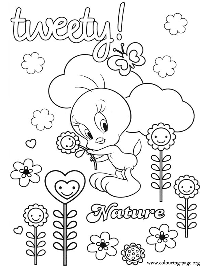Tweety taking care of the flowers and nature coloring page