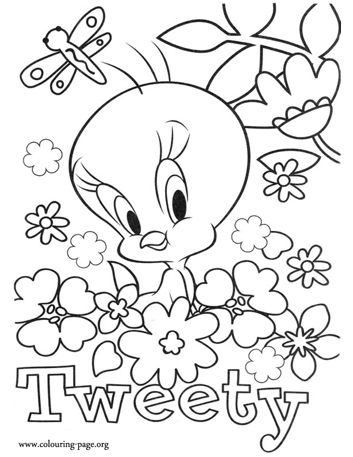 Tweety surrounded by flowers and a butterfly coloring page