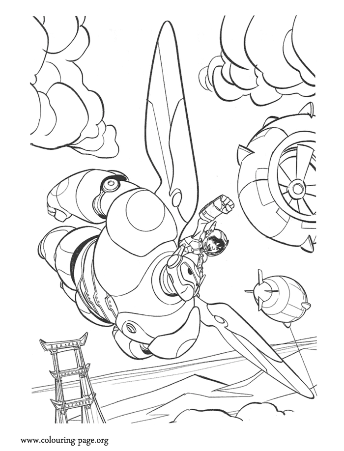 Baymax and Hiro flying together coloring page