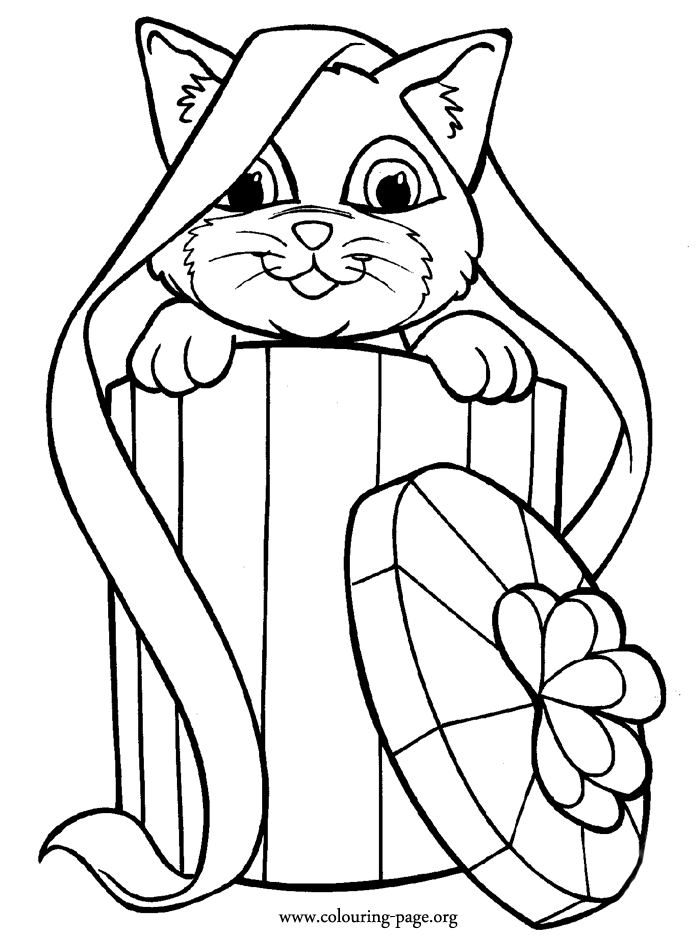 Adorable cat inside a gift box coloring page
