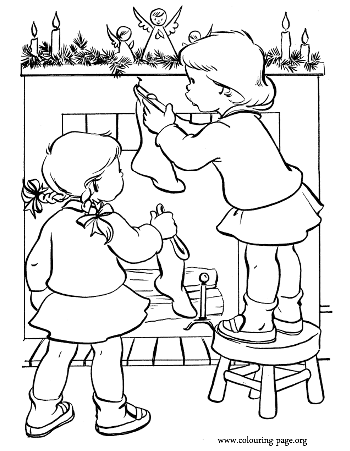 Kids decorating the fireplace for Christmas coloring page