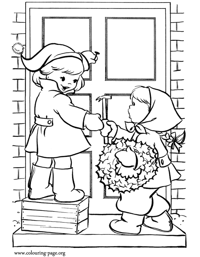 Kids decorating the house with a Christmas garland coloring page