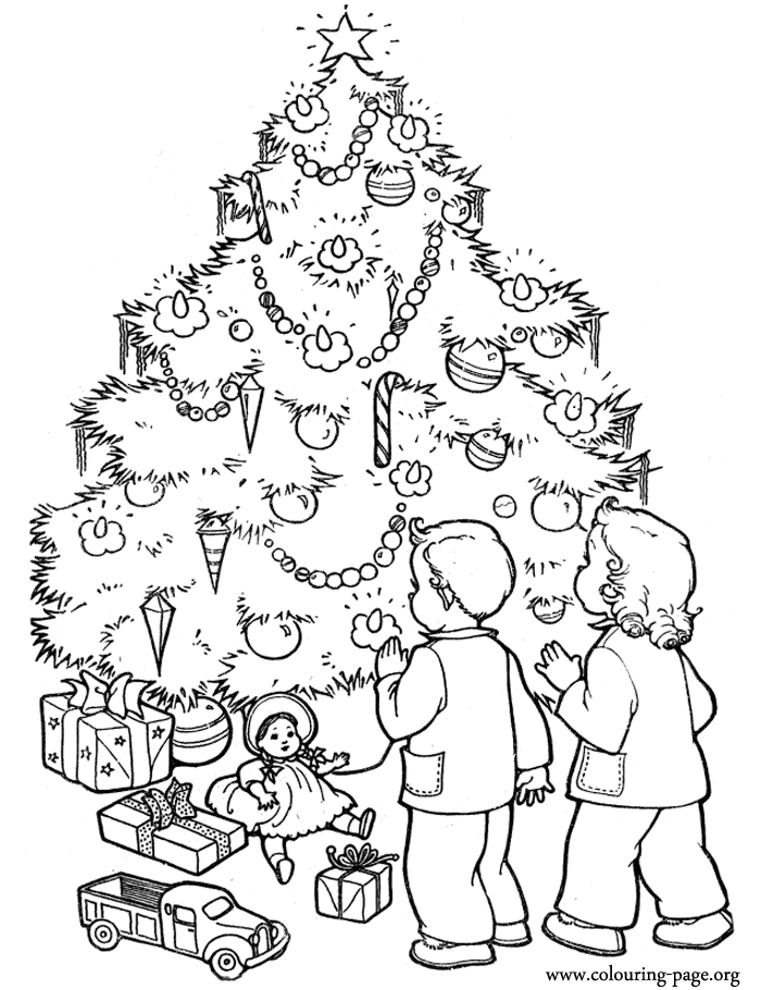 Christmas tree surrounded by gifts coloring page
