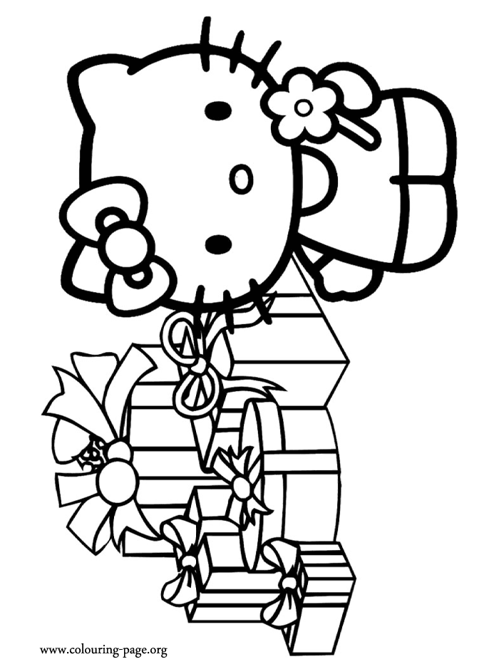 Christmas - Hello Kitty and Christmas gifts coloring page