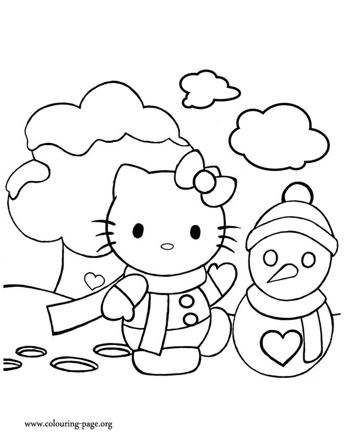 Hello Kitty and a snowman coloring page