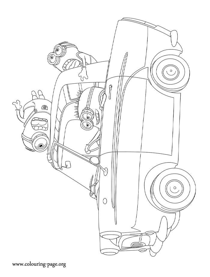 Minions driving around coloring page