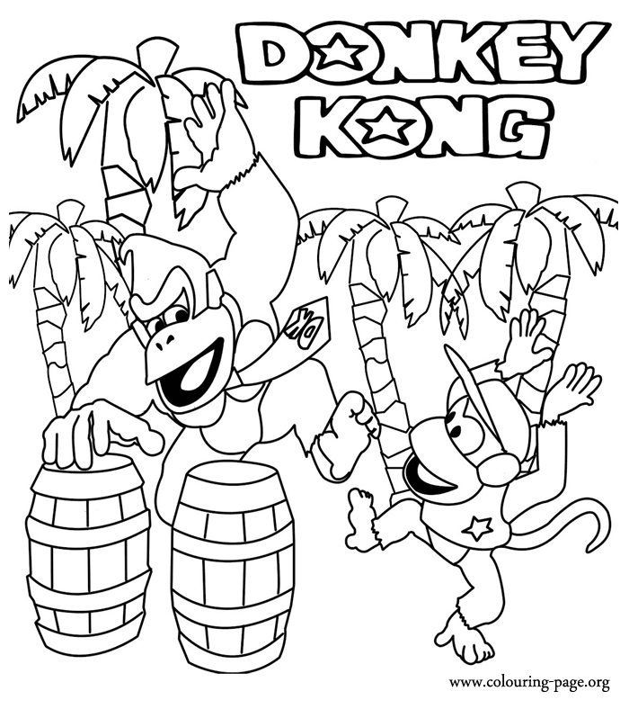 coloring page of Donkey Kong and Diddy Kong in the jungle