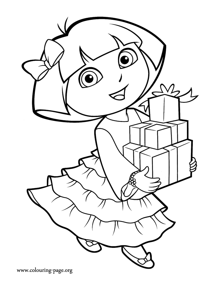 Dora carrying many gifts coloring page