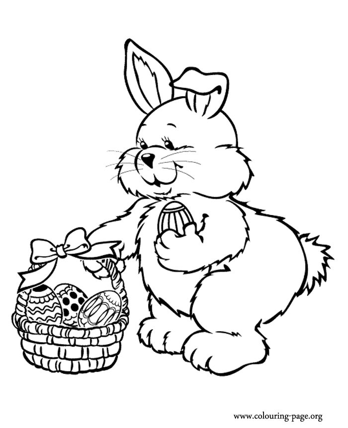 Easter - Cute bunny with a basket of Easter eggs coloring page