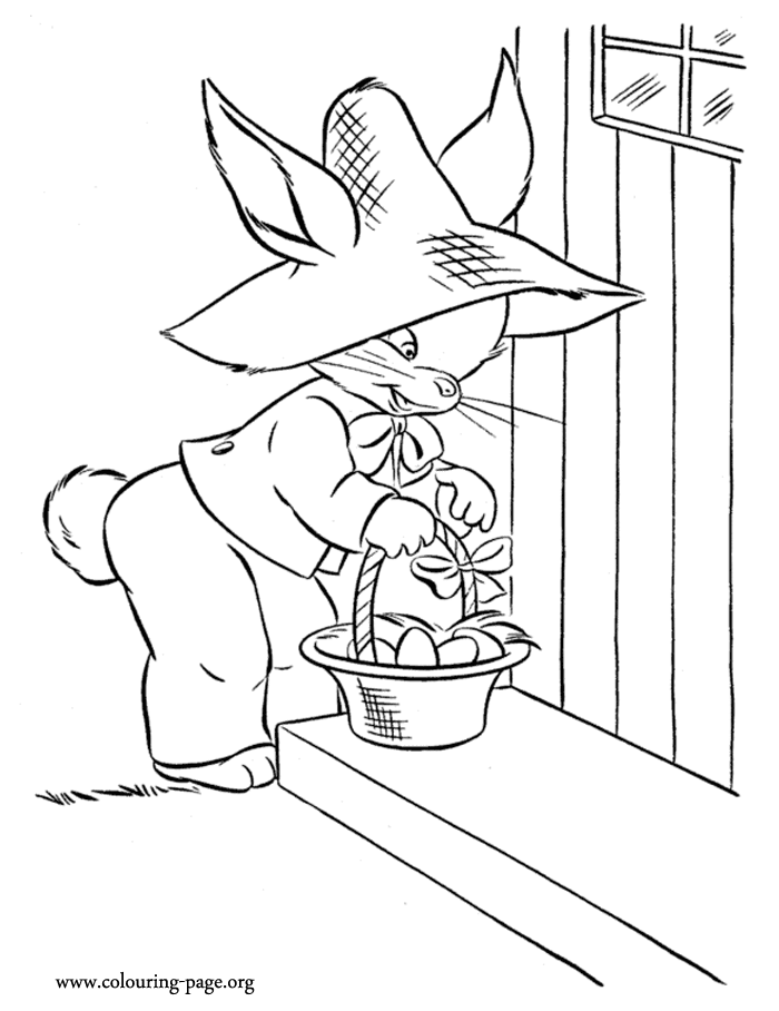 Easter bunny handing Easter eggs coloring page
