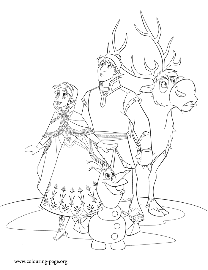 Anna, Kristoff, Sven and Olaf coloring page