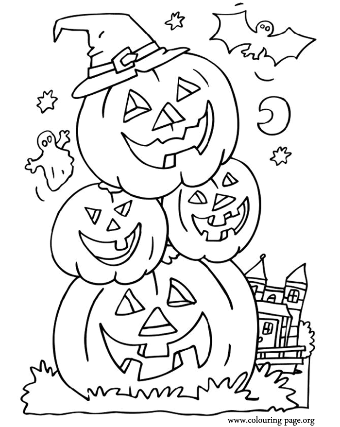 Bat, ghost and halloween pumpkins coloring page