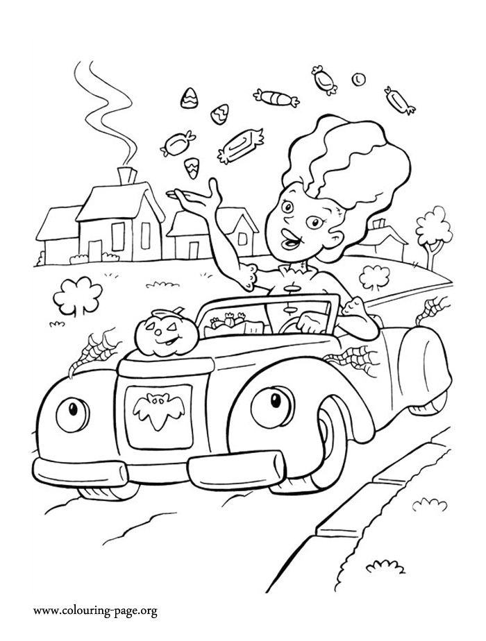 Woman handing out candies on Halloween coloring page