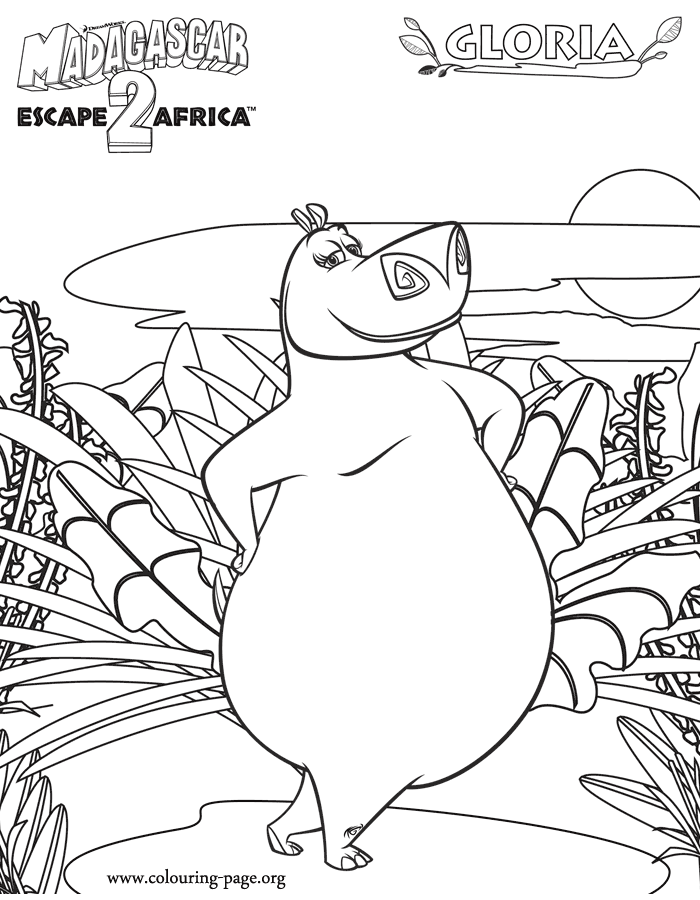 Hippopotamus Gloria in the forest coloring page