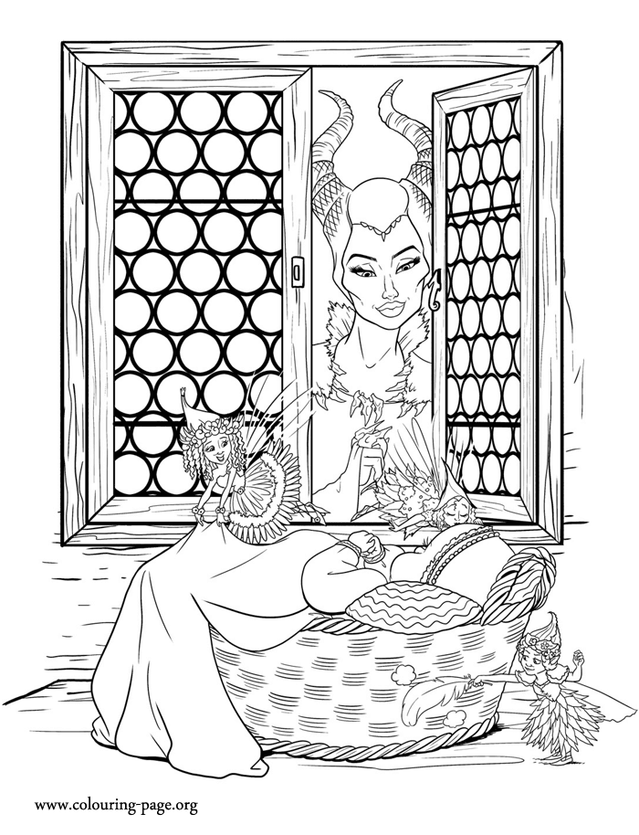 Maleficent, baby Aurora and the Flower Pixies coloring page