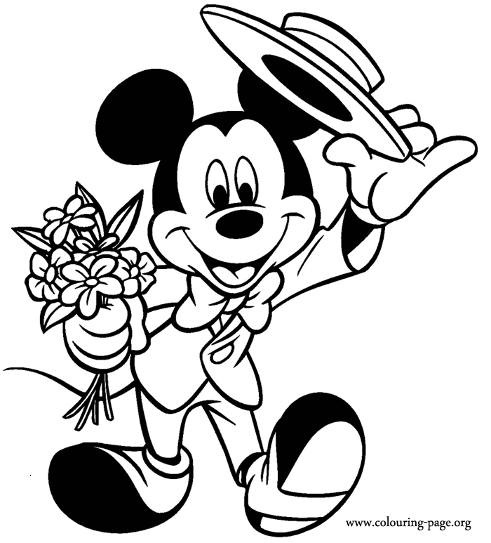 Mickey holding flowers coloring page