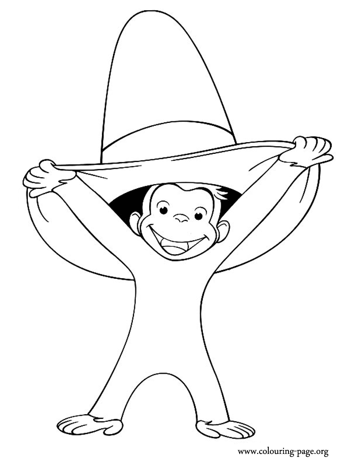 Happy monkey smiling and holding a hat coloring page