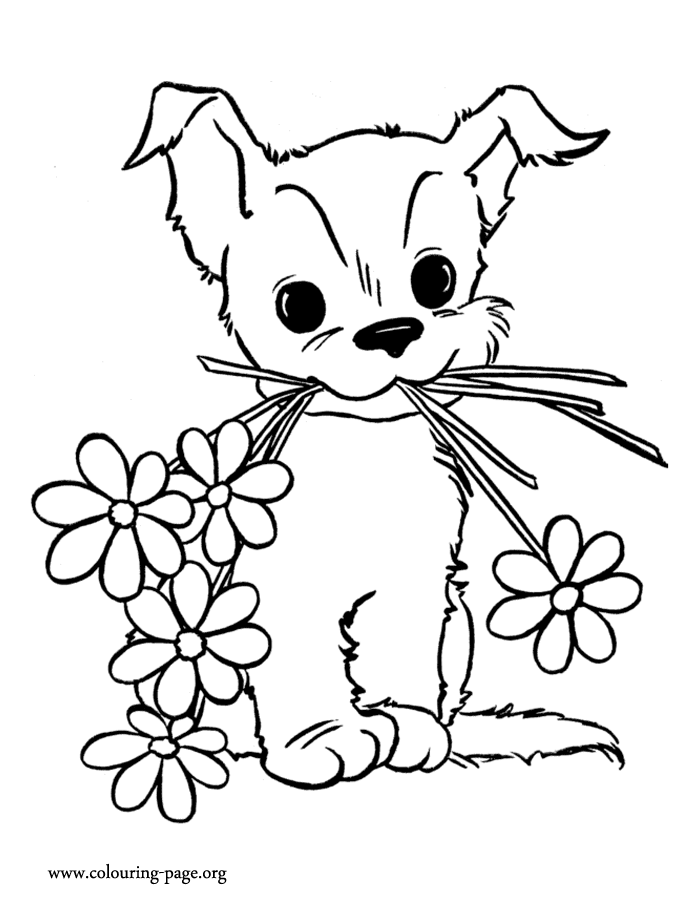 Mother's Day - Cute puppy with flowers coloring page