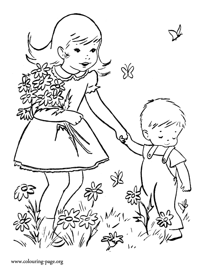 Kids picking flowers for Mother coloring sheet