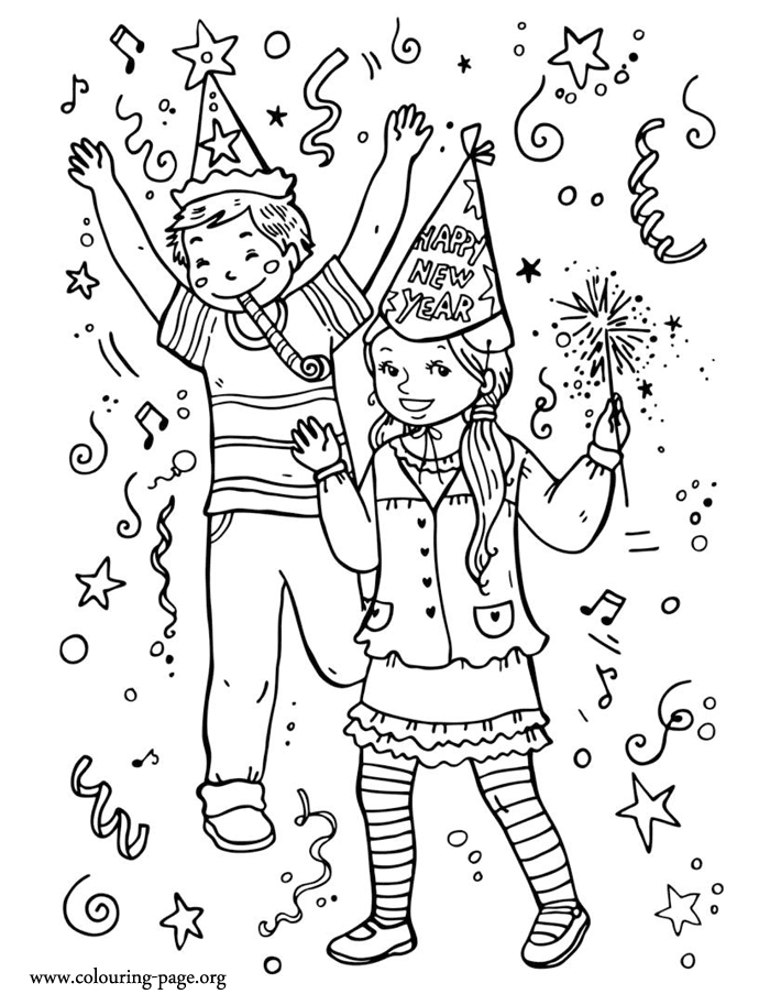Kids celebrating New Year coloring page