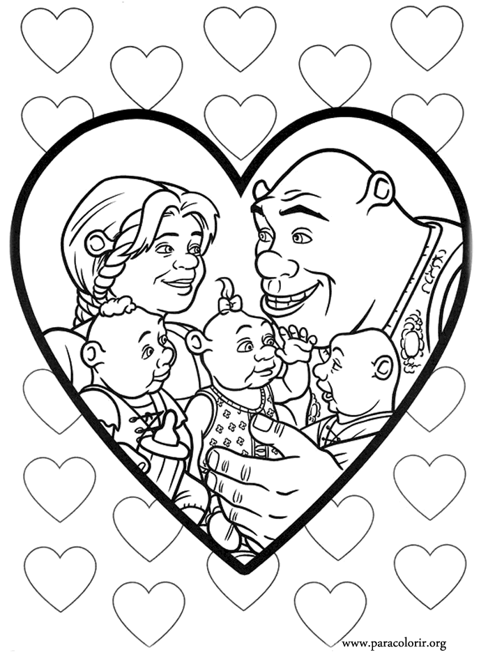 Shrek Shrek And Fiona Beside Their Children Coloring Page