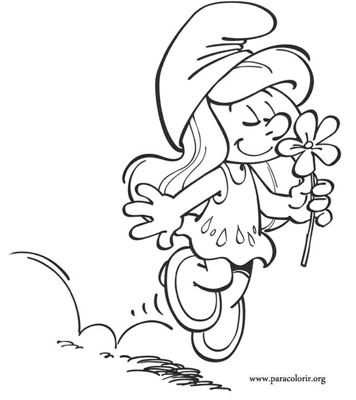 Smurfette smelling a flower