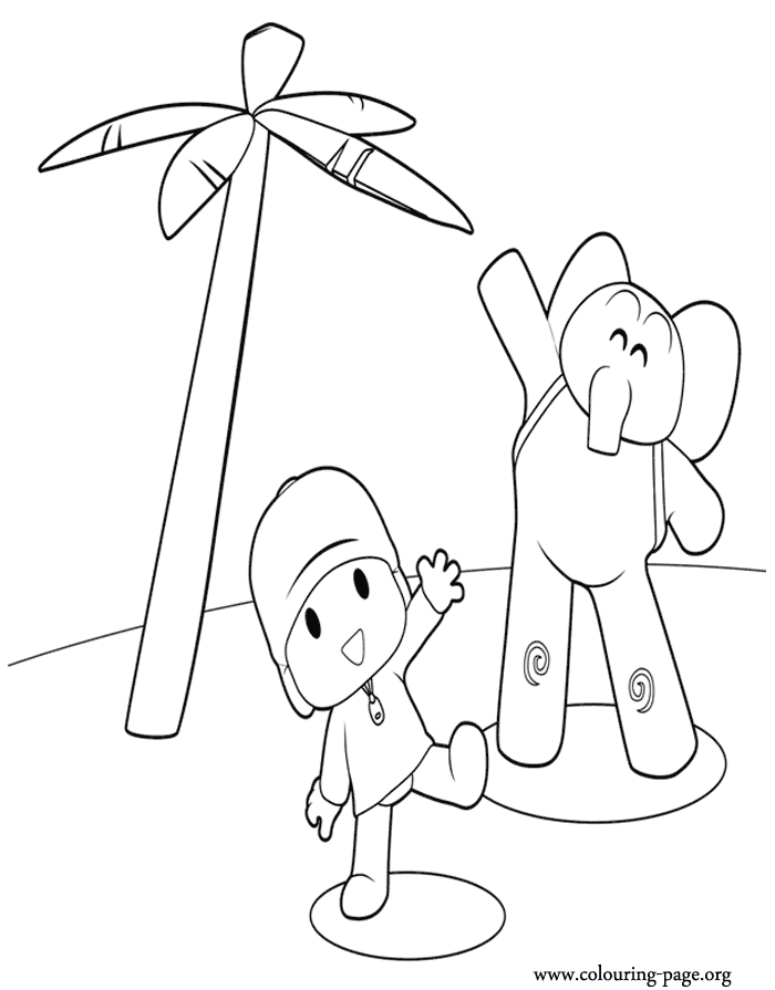 Pocoyo and Elly on a beach coloring page
