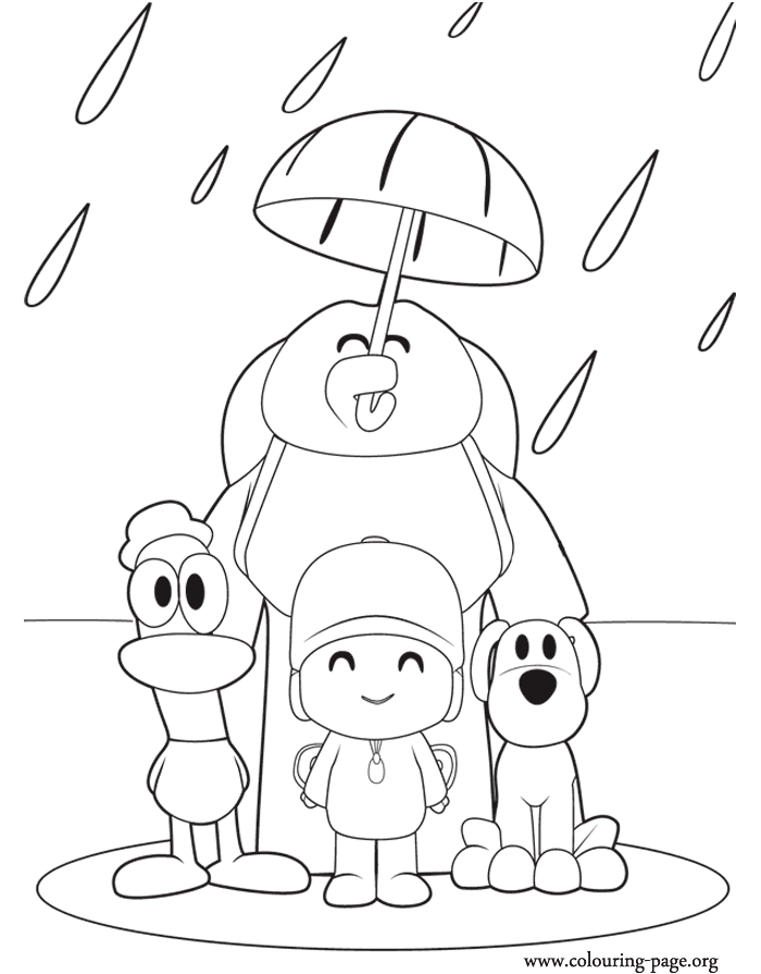 Pocoyo and his friends in the rain coloring page