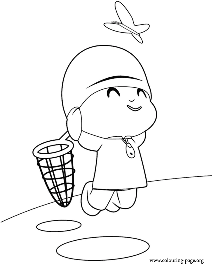 Pocoyo and a butterfly coloring page