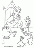 Belle talking with Mrs. Potts, Chip and Lumiere coloring page