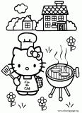 Hello Kitty is cooking a barbecue coloring page