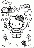 Hello Kitty playing with a bubble blower coloring page