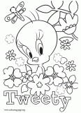 Tweety surrounded by flowers and a butterfly coloring page