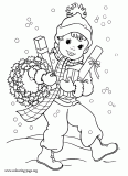 Boy with some gifts and a Christmas garland coloring page
