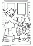 Kids decorating the house with a Christmas garland coloring page