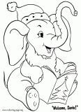 Little elephant with a Christmas card coloring page
