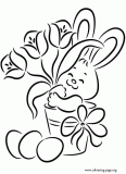 Easter bunny with flowers and Easter eggs coloring page