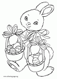Easter bunny with baskets of Easter eggs coloring page