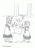 The young sisters building a snowman together coloring page