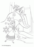 Anna and Elsa playing in a winter wonderland coloring page