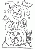 Bat, ghost and halloween pumpkins coloring page