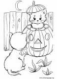 Halloween pumpkin and two cute kittens coloring page