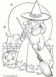 Little girl wearing a witch costume for Halloween coloring page