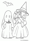 Halloween costumes of witch and ghost coloring page