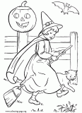 Halloween witch with a broom coloring page