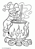 The little witch and her cauldron coloring page