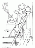 A little witch and a Halloween pumpkin coloring page