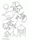 Halloween witch riding her broom coloring page