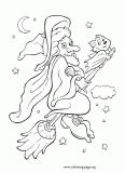 Witch and bat flying on broom on Halloween Night coloring page
