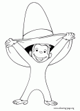 Happy monkey smiling and holding a hat coloring page